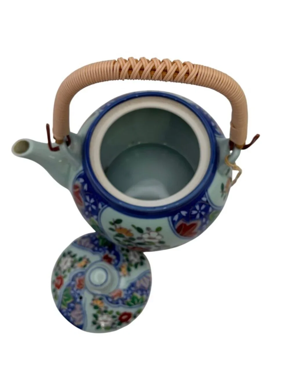 Arita Japan Kyusu Teapot Hand Painted Floral Porcelain Rattan Handle 6.25”